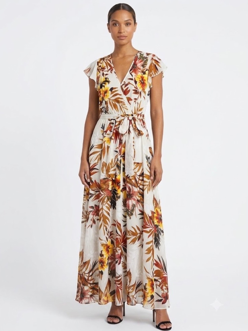 KATE & LILY Floral Cream Chiffon Belted Tie-Waist Maxi Dress - Sz M